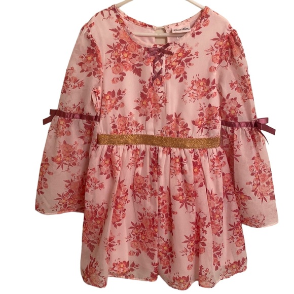 LITTLE LASS Spring Floral Print L/S Gold Elastic Waist Band Girl's Dress Size 6X - Picture 1 of 12